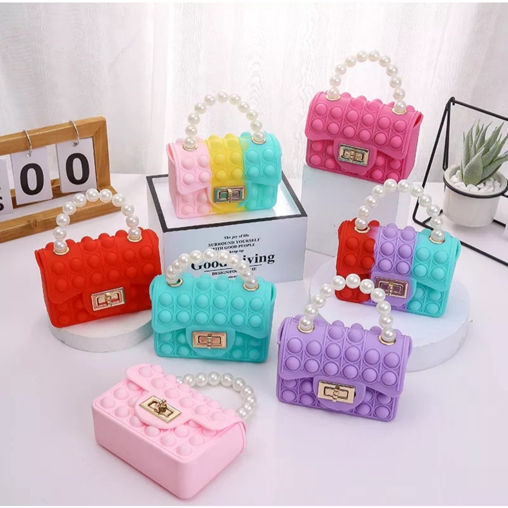 terbaru termurah Tas Pop It jelly mutiara Anak Rainbow / Tas Selempang rantai hand bags Anak import