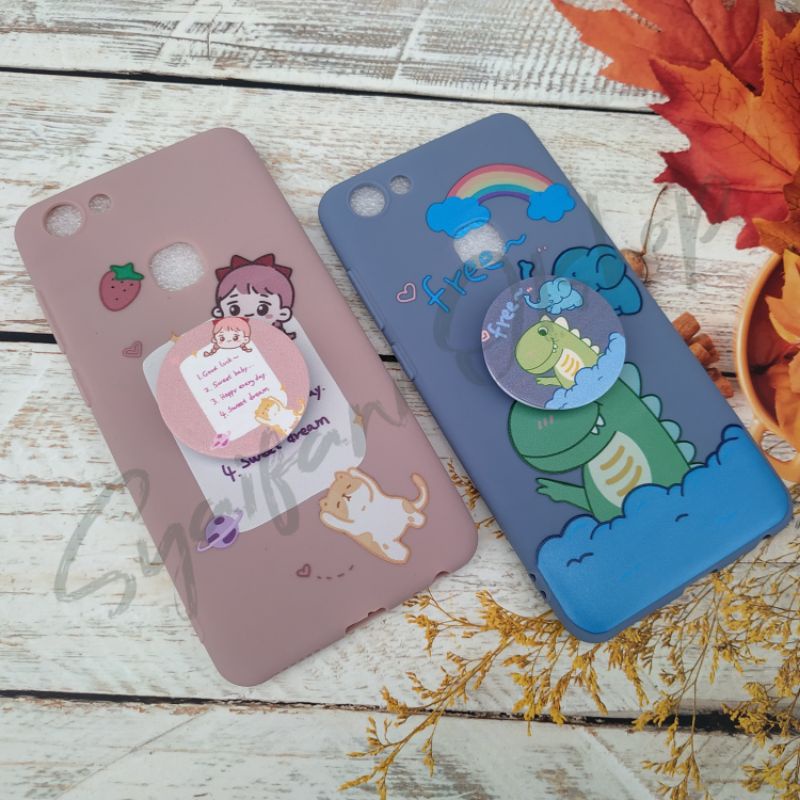 Cute Case Vivo V7 / Vivo 1718  Softcase Karakter Keren + free Popsocket