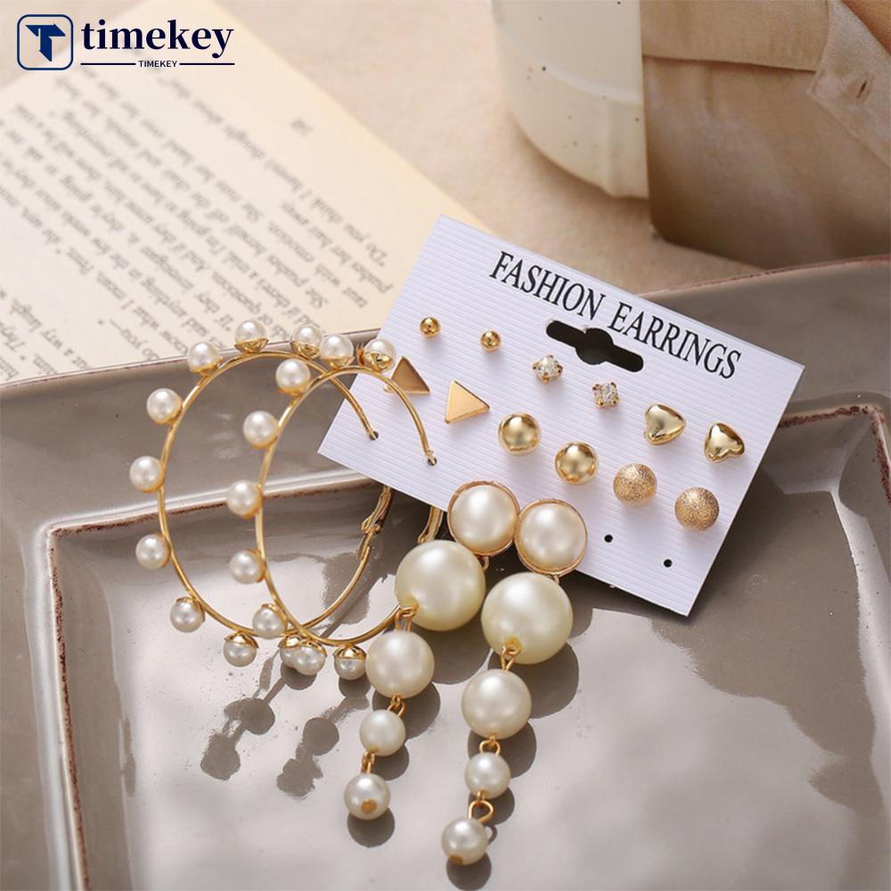 Timekey A2K3 Set Anting Tusuk + Cincin Mutiara Imitasi Gaya Retro Untuk Wanita