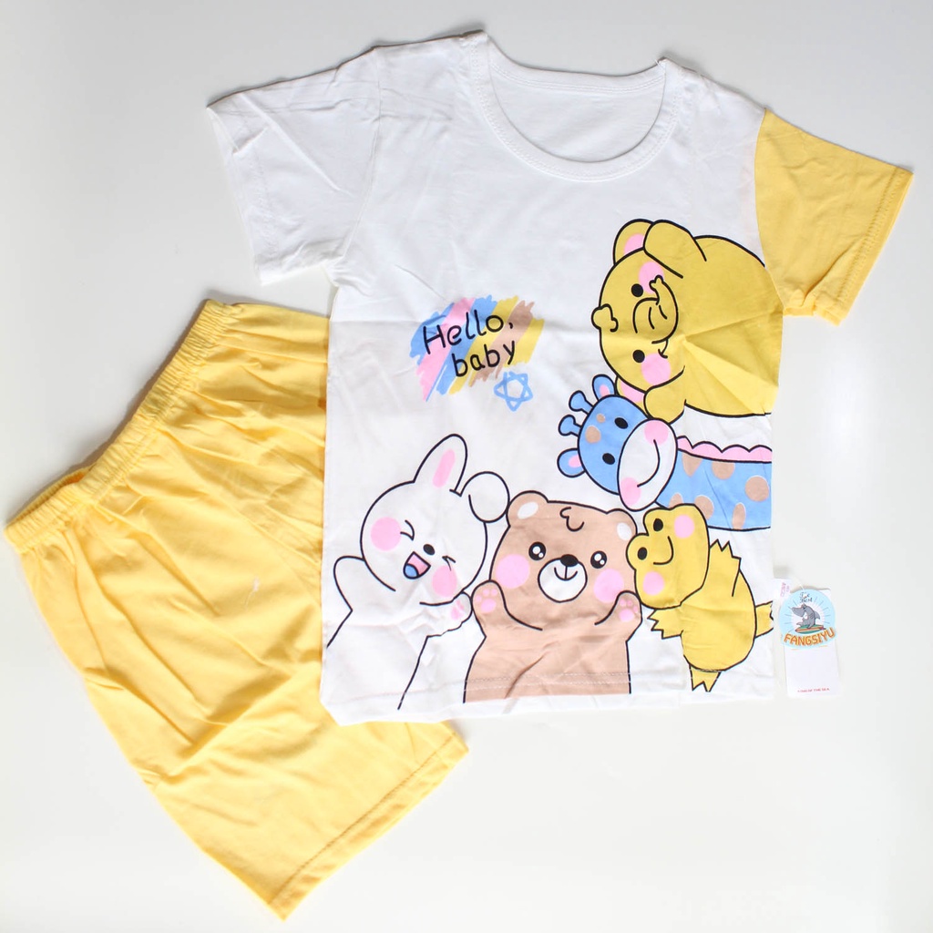 Setelan Anak Bahan Katun Premium Baju Setelan Anak unisex Gambar Hello Bear Baju Santai Anak Baju Setelan Anak Murah Bahan Katun Adem dan Nyaman