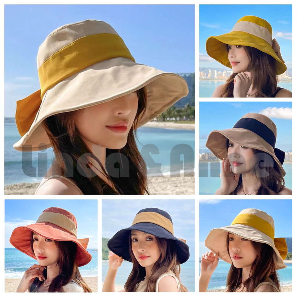 Topi Bucket Matahari Bahan Katun Linen Breathable Untuk Wanita - Topi Pantai Import