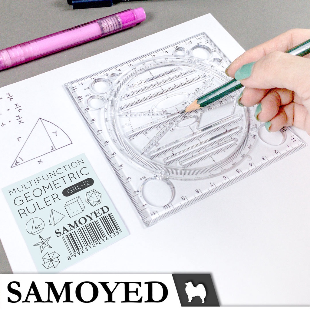 

Penggaris / Mal Putar Gambar Geometris / Bentuk / Bangun Datar / Ruang / Lingkaran / Bulat / Sudut / Busur Derajat / Jangka / Multifunction Geometric Ruler Samoyed GRL-12