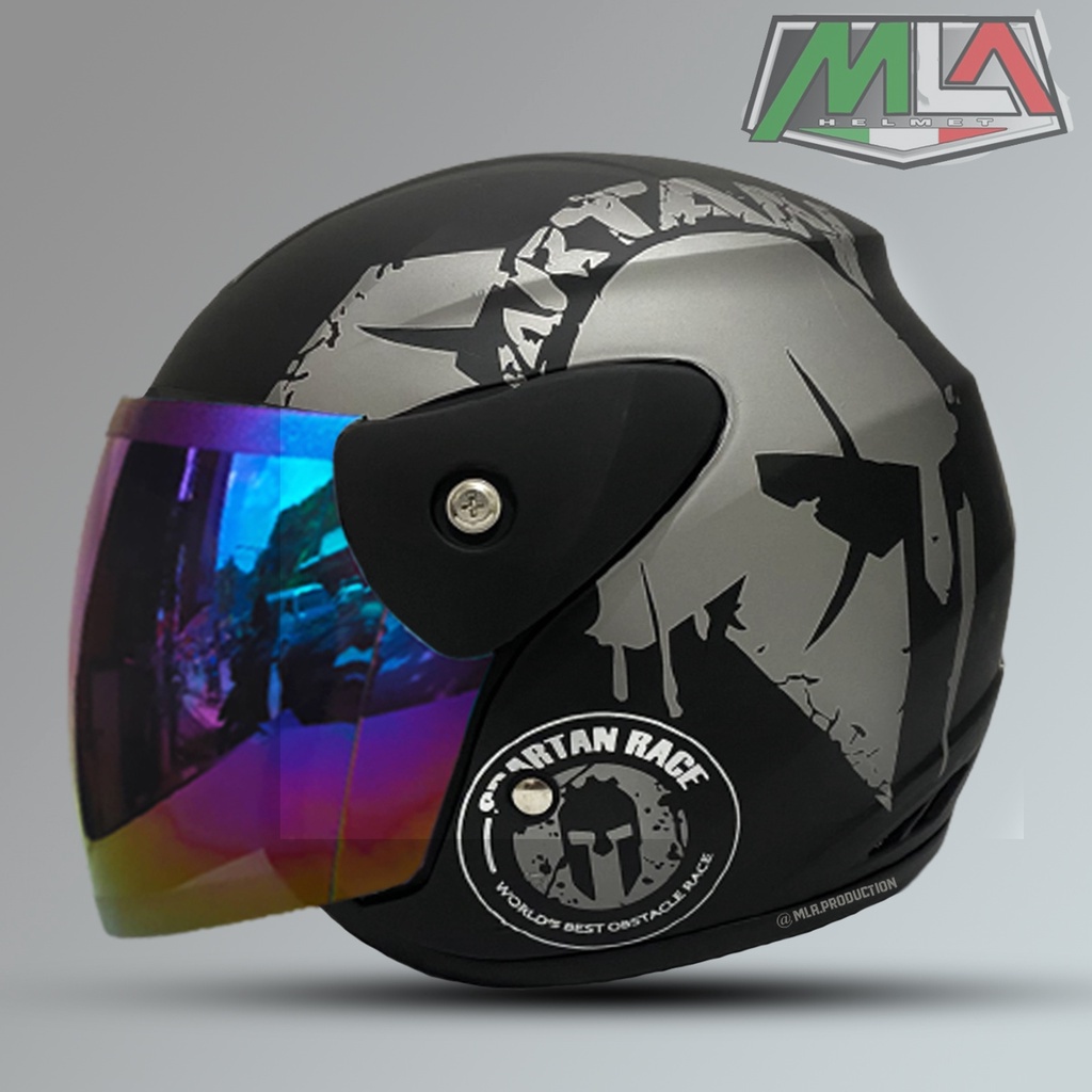 HELM DEWASA EVOLUTION HALF FACE MOTIF SPARTAN KACA SILVER PELANGI MIRIP SEPERTI HELM GM ORIGINAL SNI UNTUK PRIA DAN WANITA DEWASA COD Free Packing