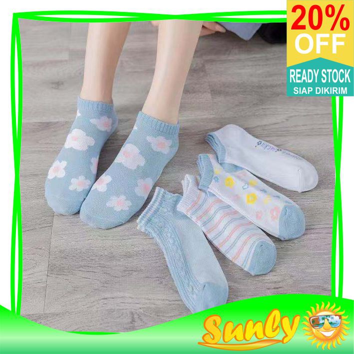 ☀ Sunly ☀ A100 Kaos Kaki Wanita Motif Bunga Biru Fashion Korea Women Sock Import Murah