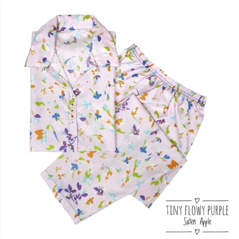 Piyama Wanita Baju Tidur Wanita Dewasa Baju Tidur Piyama Satin Apple-Tiny Flowy Purple