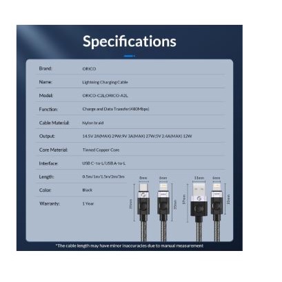 Cable usb type-c to lightning orico 150cm 29w 480Mbps 3A fast charging braided C2L-15 - Kabel charge data ipad iphone 1.5m 1.5 meter