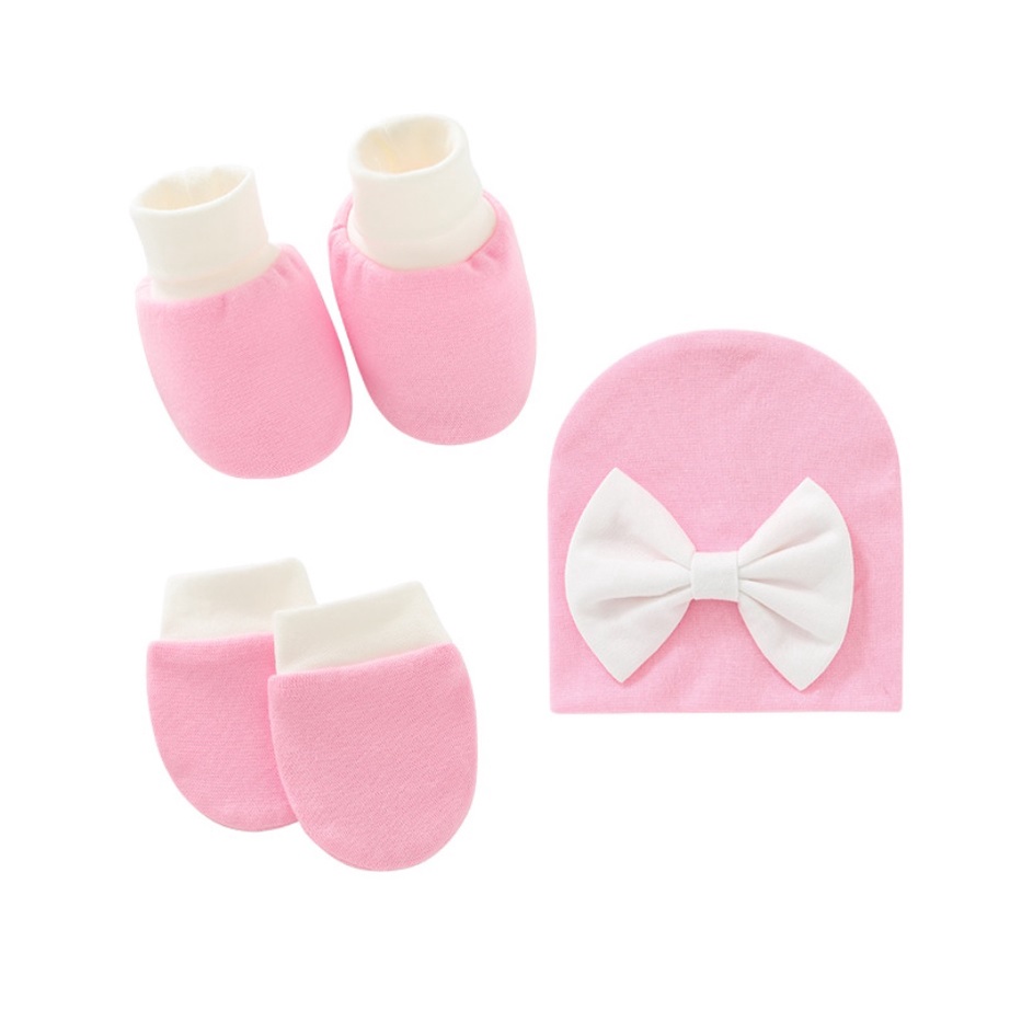 Set Topi Turban bayi dan sarung kaki dan sarung tangan motif pita dua warna