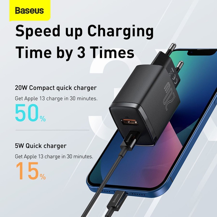 Baseus Original Adaptor Charger Compact 20W USB Type C Dual Output Iphone Ip Fast Charging Kepala Adapter Casan Ori