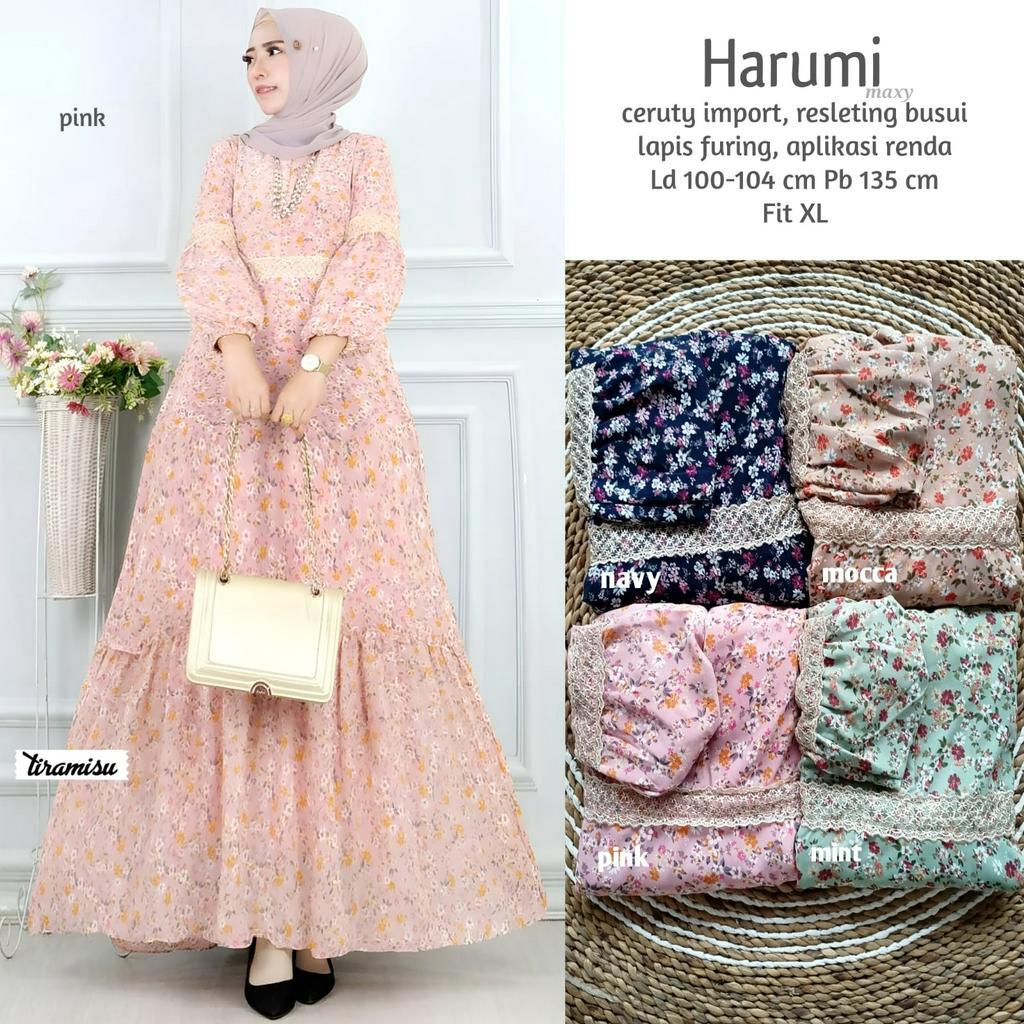 HARUMI DRESS / 20.7 / BAHAN CERUTY FULL FURING / LD 100-104 CM / PB 135 CM / DRESS WANITA / FIT M-XL / ALLSIZE JUMBO / TIRAMISU