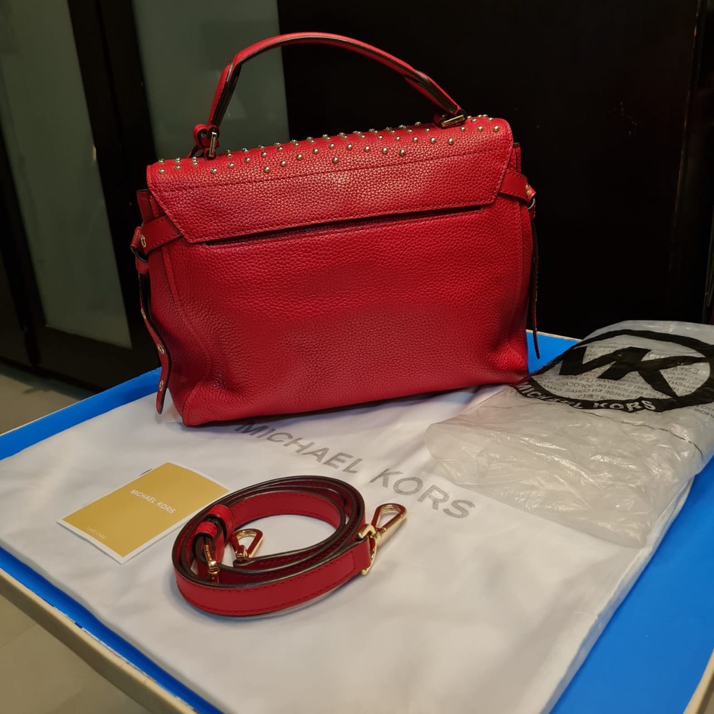 TAS WANITA SELEMPANG MEDIUM PRELOVED MICHAEL KORS ORIGINAL MK BRISTOL STUDDED LEATHER SATCHEL BRIGHT RED