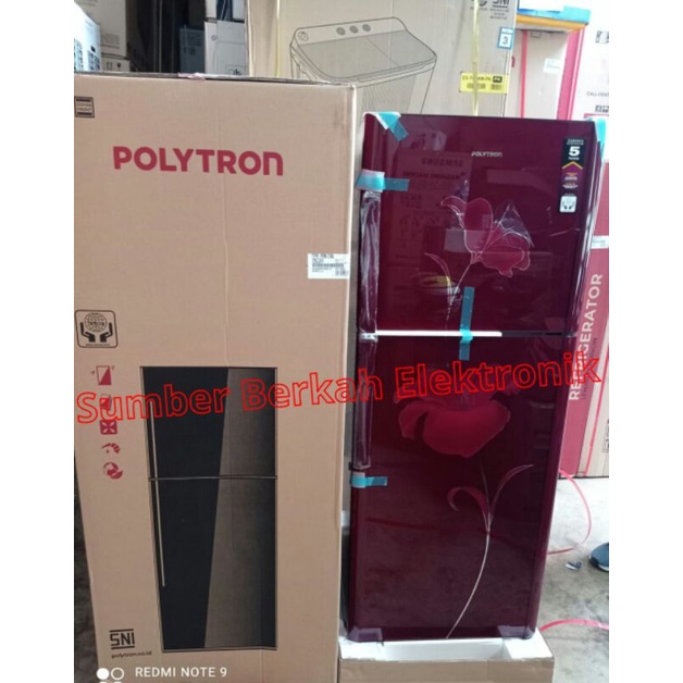 KULKAS POLYTRON PRM 21 BL R / B temper glass LEMARI ES 2 PINTU prm211 bl r  210 liter BELLEZA promo 