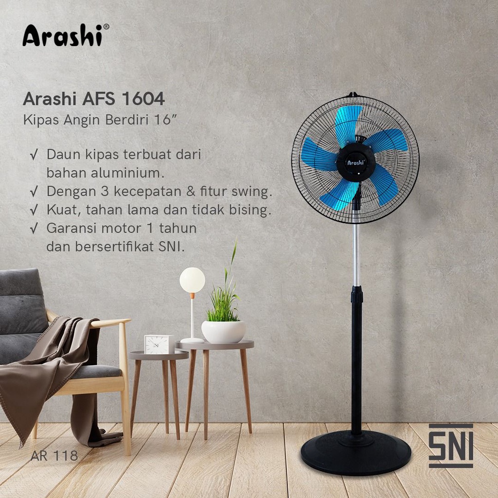 Arashi Kipas Angin Berdiri Stand Fan 16&quot; Inch 50 Watt  Afs 1603 Plastic &amp; Afs 1604 Aluminium