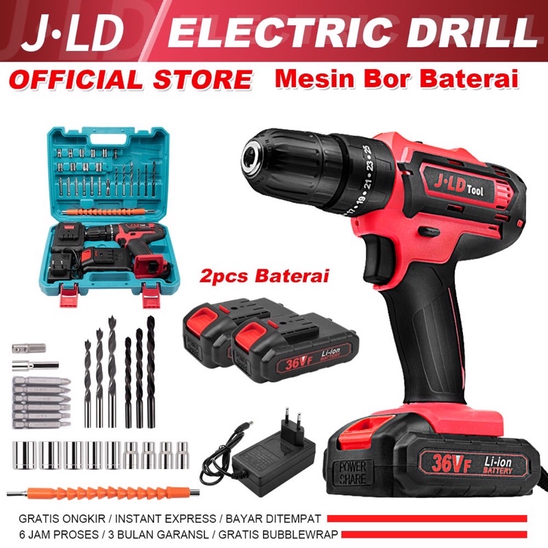 JLD 36V Mesin Bor 2 Baterai 36 Volt Bor Cas Tembok Beton Cordless Hand Drill 10mm Bisa Bolak Balik 2