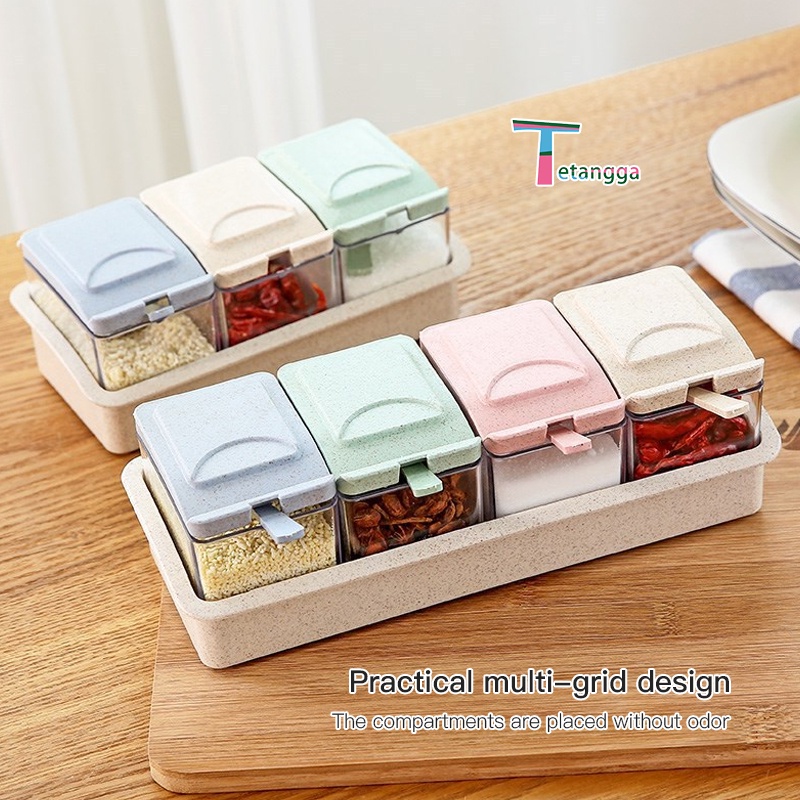 Tempat Bumbu Dapur 4IN1 Free Sendok Rak Seasoning Box 4 Kotak Wadah Toples Praktis Kitchen