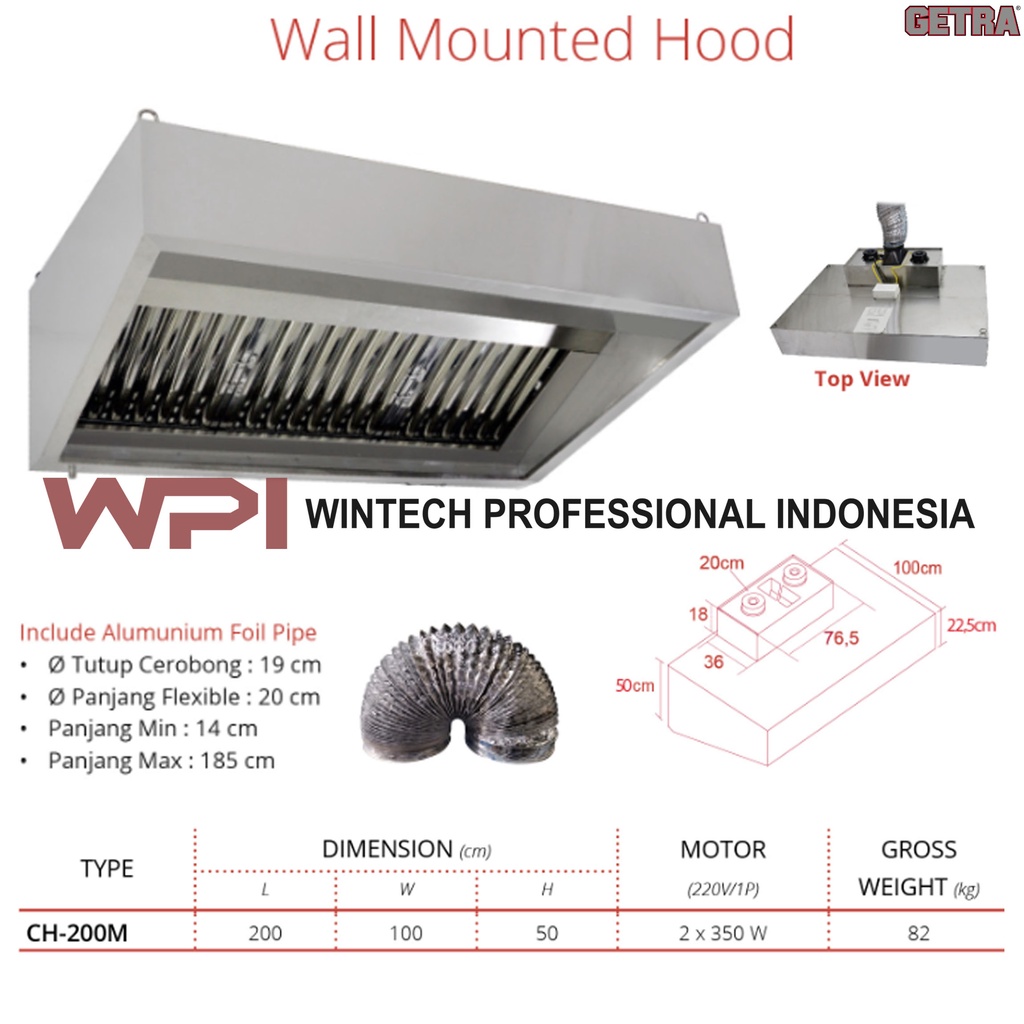 Getra CH-200M Wall Mouted Hood Alat Pengisap Asap Dapur Saat Memasak - Cooker Hood - Tudung Hisap - 
