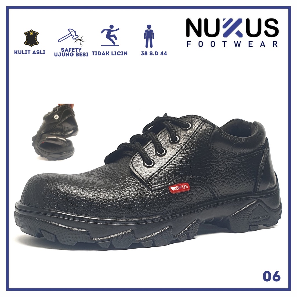 Nukus Sepatu Safety Tali Pendek Kulit Asli Hitam - 006