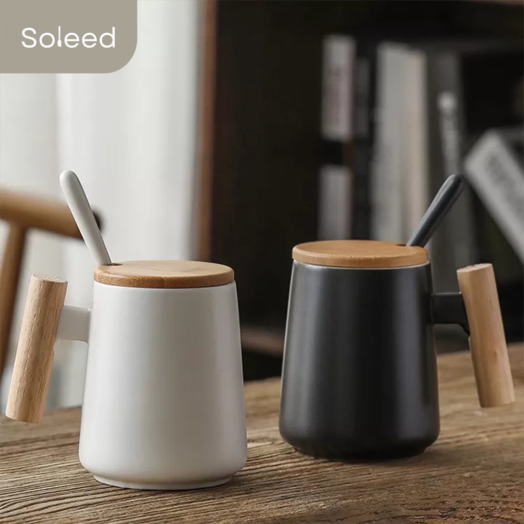 CANGKIR TEH KOPI TUTUP DAN HANDLE KAYU SENDOK NORDIC COFFEE MUG TM061