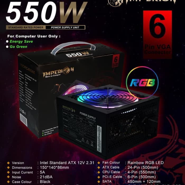 Imperion PSU 550W RGB with 6Pin VGA Power Supply