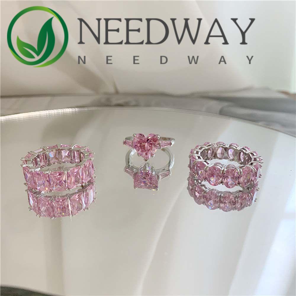 Needway  Sweet Women Finger Rings Temperament Fashion Jewelry Korean Style Rings Pink Wild Love Geometric Rhinestone Square Copper