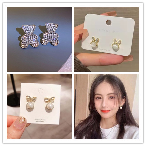 Anting Tusuk Desain Beruang / Kelinci / Pita Hias Mutiara + Berlian Gaya Elegan Untuk Wanita