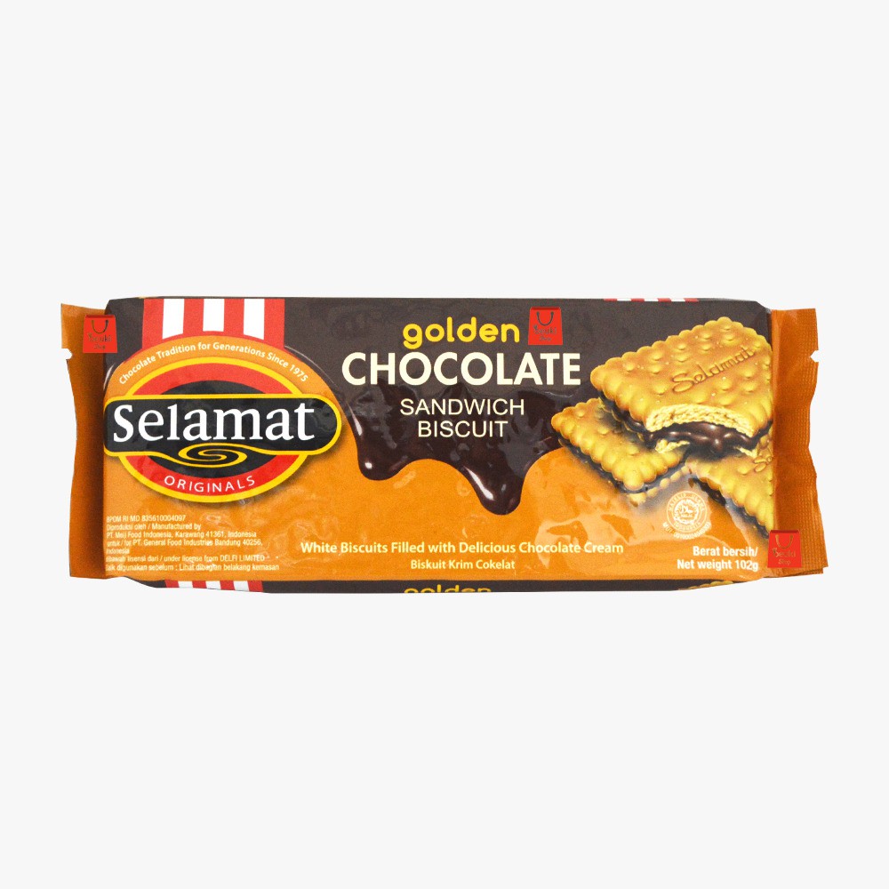 

Selamat Sandwich Biscuit Golden Chocolate Biskuit Isi Krim Coklat Kemasan Pack - 102gr