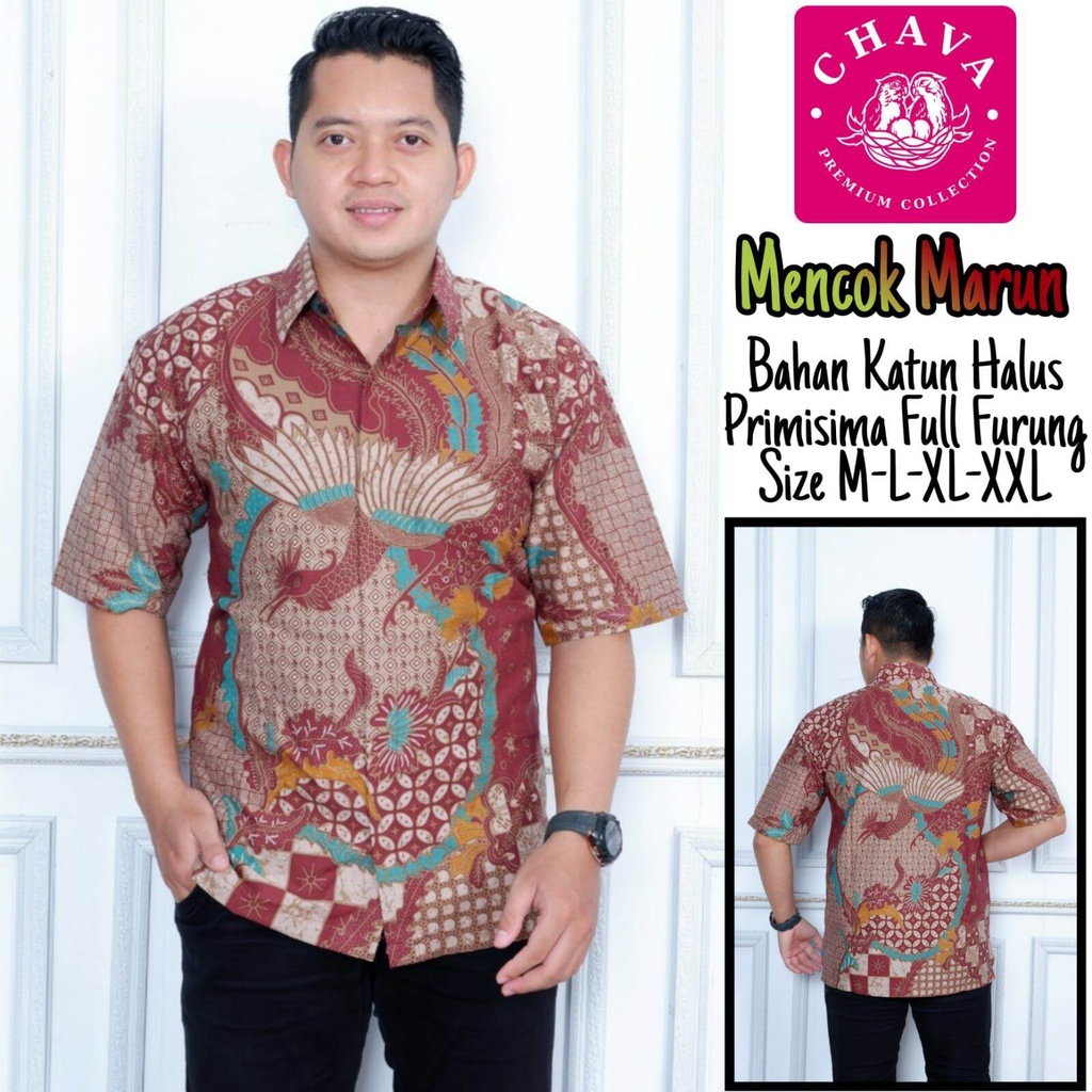 Hem batik pria warna merah marun / baju batik lengan pendek marun lapis furing / kemeja batik marun