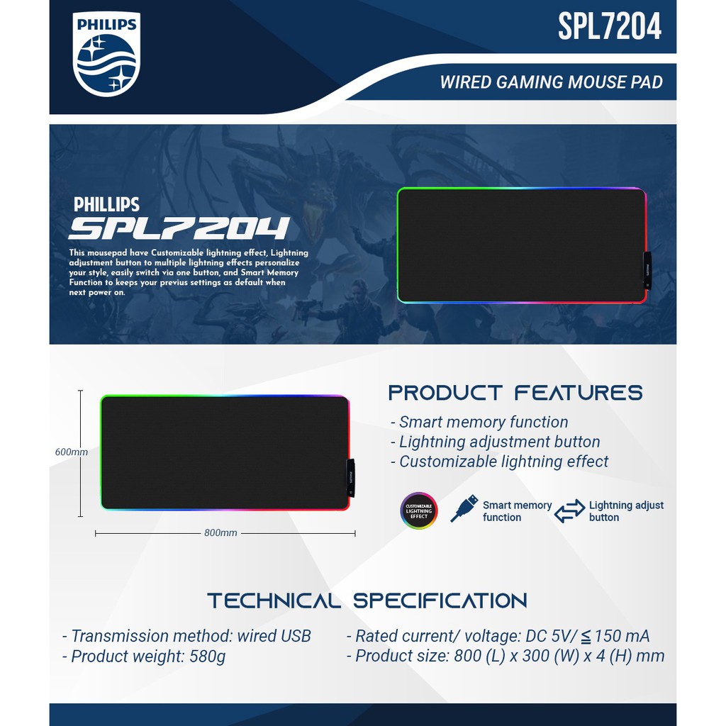 Mousepad Gaming philips extended xxl rgb 80x30cm speed SPL7204 - Alas Mouse pad mat xxxl SPL-7204