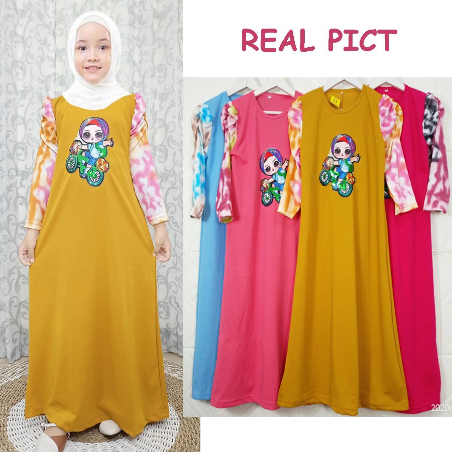 DRESS ANAK LENGAN KERUT TIE DYE GAMIS GAMBAR ANAK SEPEDAAN GL FASHION