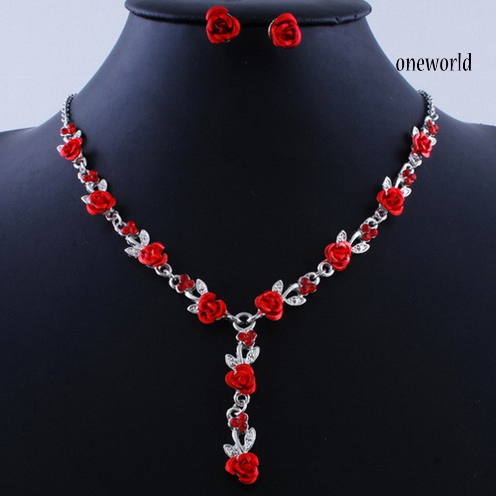 OW@ 2Pcs/Set Fashion Acrylic Rose Pendant Stud Earrings Necklace Women Jewelry Gift