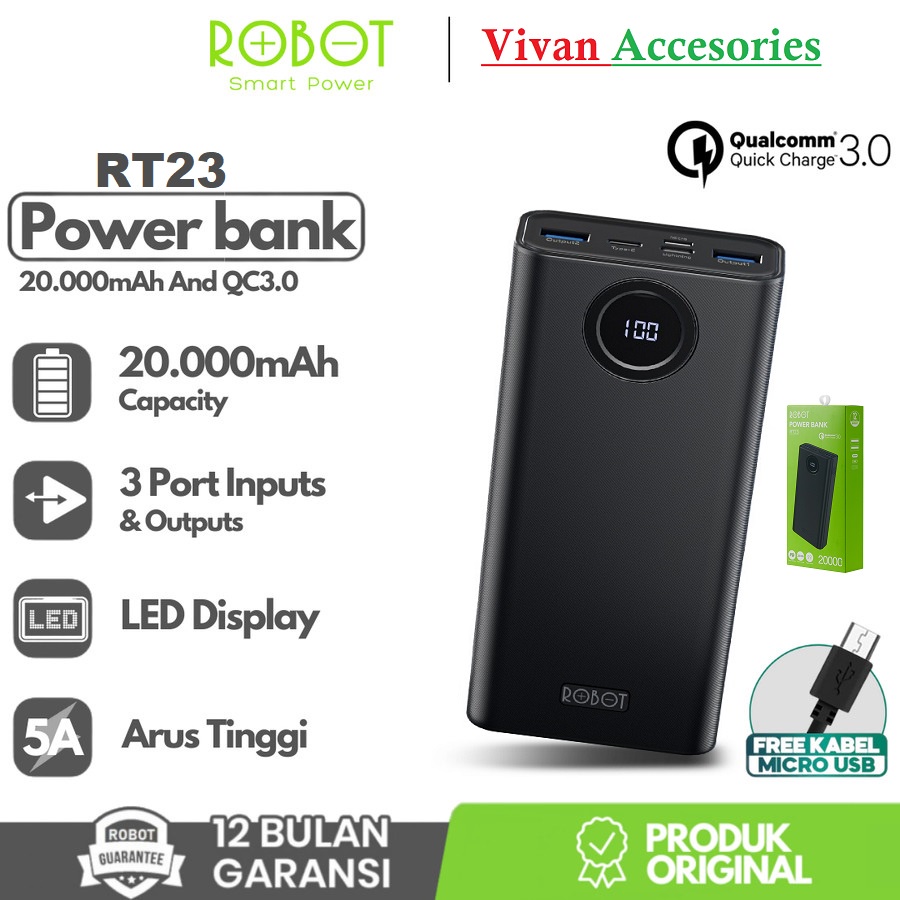 ROBOT RT23 20000mAh Powerbank 22.5W LED Fast Quick Charge PD QC3.0