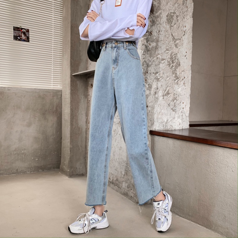 korean style new biru muda straight boyfriend celana jeans longgar wanita