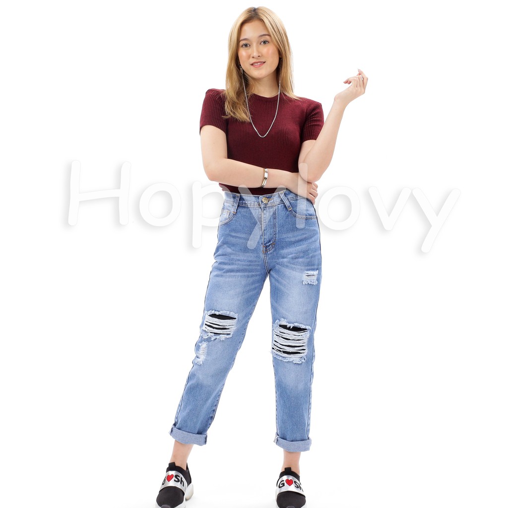 HOPYLOVY - Celana Boyfriend Jeans Sobek Lapis Furing BF Faranisa