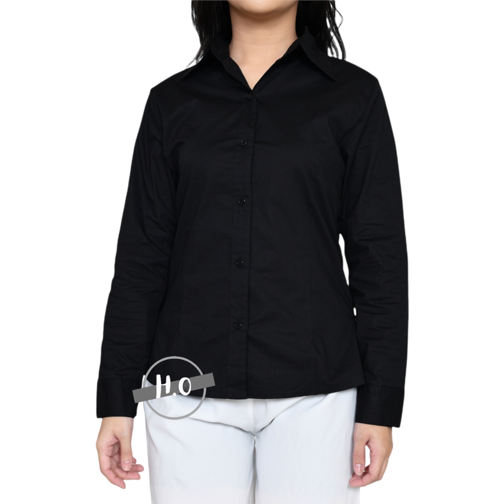 Baju Kemeja Wanita Lengan Panjang Pendek Bahan Katun Strech Size Standar Dan Jumbo Atasan Baju Kemeja Blouse Putih Hitam Polos Kerja Kantor formal Wanita Lengan Panjang Pendek 02-5