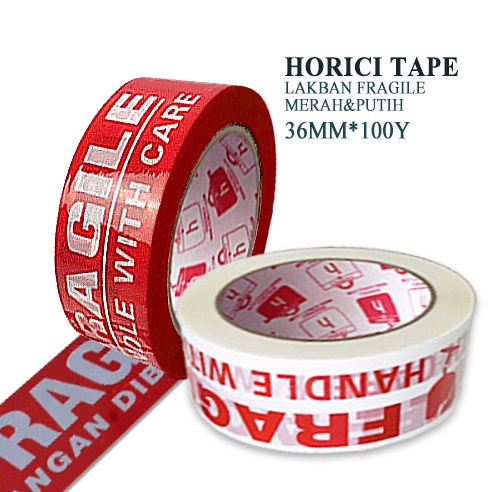 HORICI TAPE 36MMx100Y lakban Fragile Jangan di banting Isolasi Mudah Pecah Belah Aneka varian termurah satuan