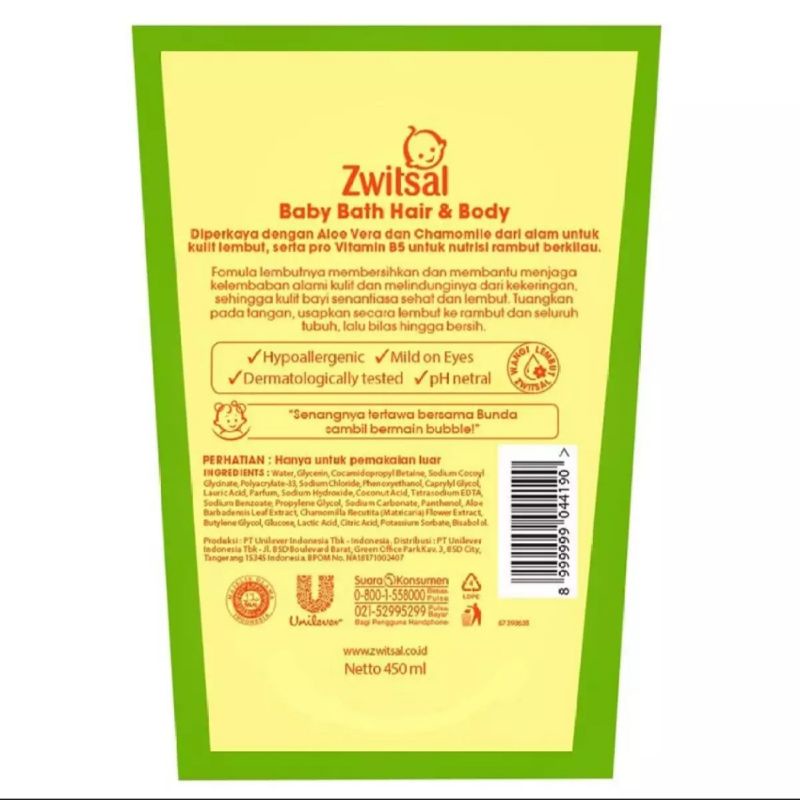 Zwitsal Baby Bath Hair and Body 2 in 1 Natural Aloe Vera 400ml - Refill