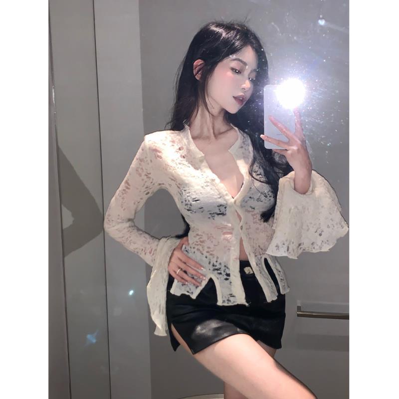 atasan renda impor kemeja renda perancis pure keinginan kemeja beige spring waist cropped top seksi