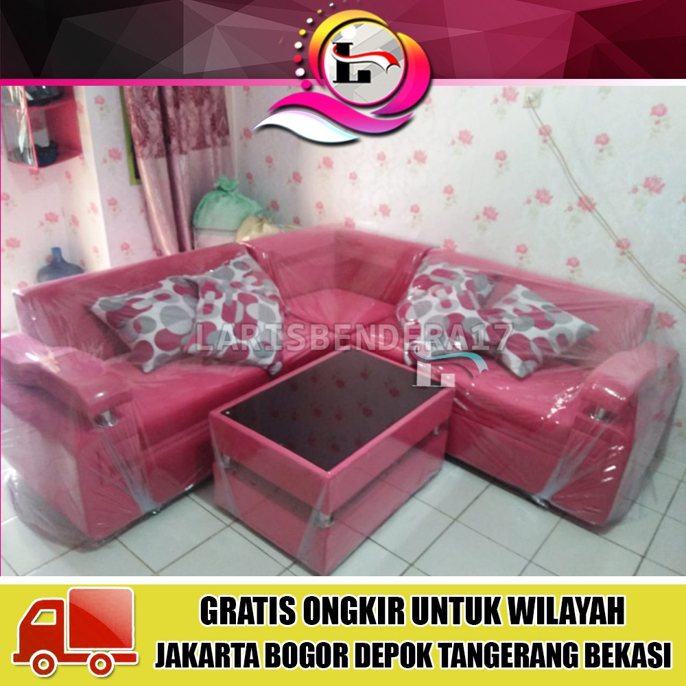 Sofa L Sudut Ficky + Meja | Minimalis dan Elegan Pas Di Ruang Tamu | Pink Merah