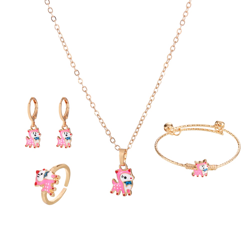 ♥✅COD✨Titanium Set Perhiasan Anak Perempuan Satu Set Kalung Cincin Gelang Anting D431