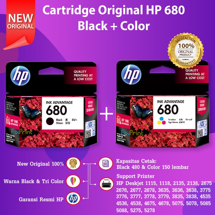 Cartridge Tinta HP 680 Color F6V26AA Printer 1115 2135 2676 3775 4535 4675 5275 Black Color Original