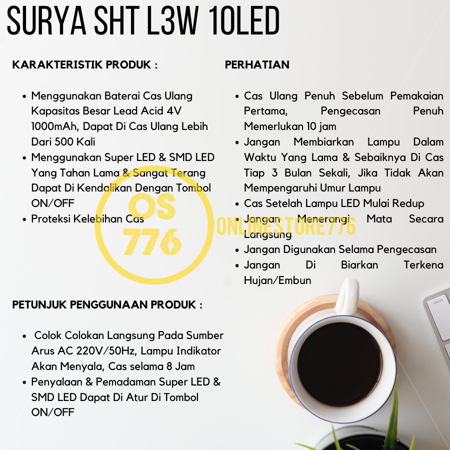 LAMPU SENTER LED EMERGENCY SURYA SHT L3W 10LED / EMERGENCY LAMP LED / RECHARGEABLE / TAHAN 7 JAM CAHAYA PUTIH