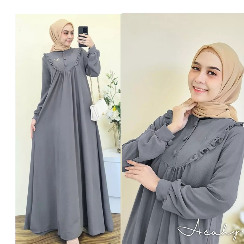 Asahy Dress Gamis Wanita  Kancing Depan Busui Aksen Rempel Bagian Dada Model lengan Balon Bahan Crincle Ukuran Jumbo XL-XXL