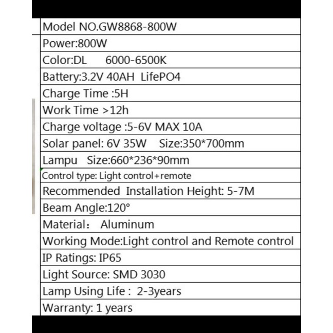 PJU Lampu Jalan Solar 800W 800 Watt 2 In 1