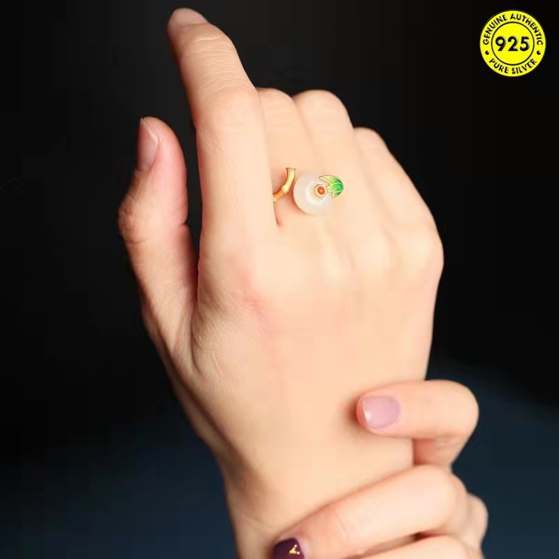 Hetian Jade White Jade Green Bamboo Ring Adjustable Ring Chinese Style Peace Buckle Ring