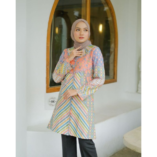 Kawung Soft Tunik Batik Wanita Lengan Panjang Katun Halus size m l xl xxl-I