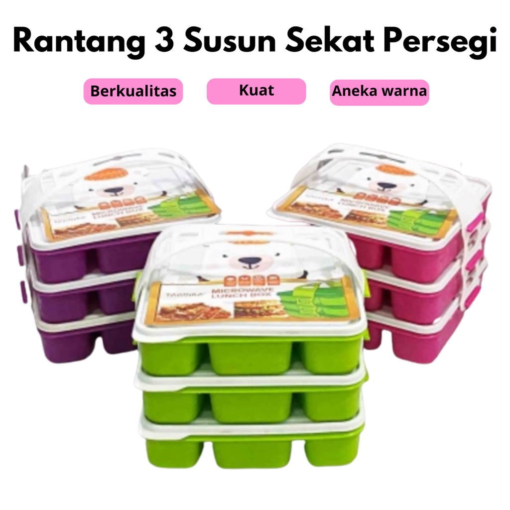 Rantang Susun Plastik Piknik Makan | 3 Susun Sekat Persegi