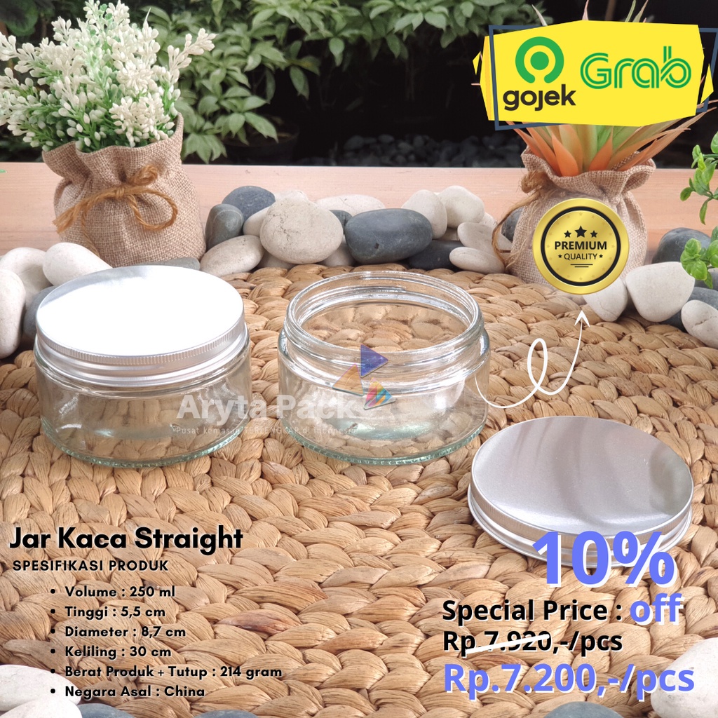 Jar kaca 250ml straight glass jar toples tutup kaleng silver new - GROSIR