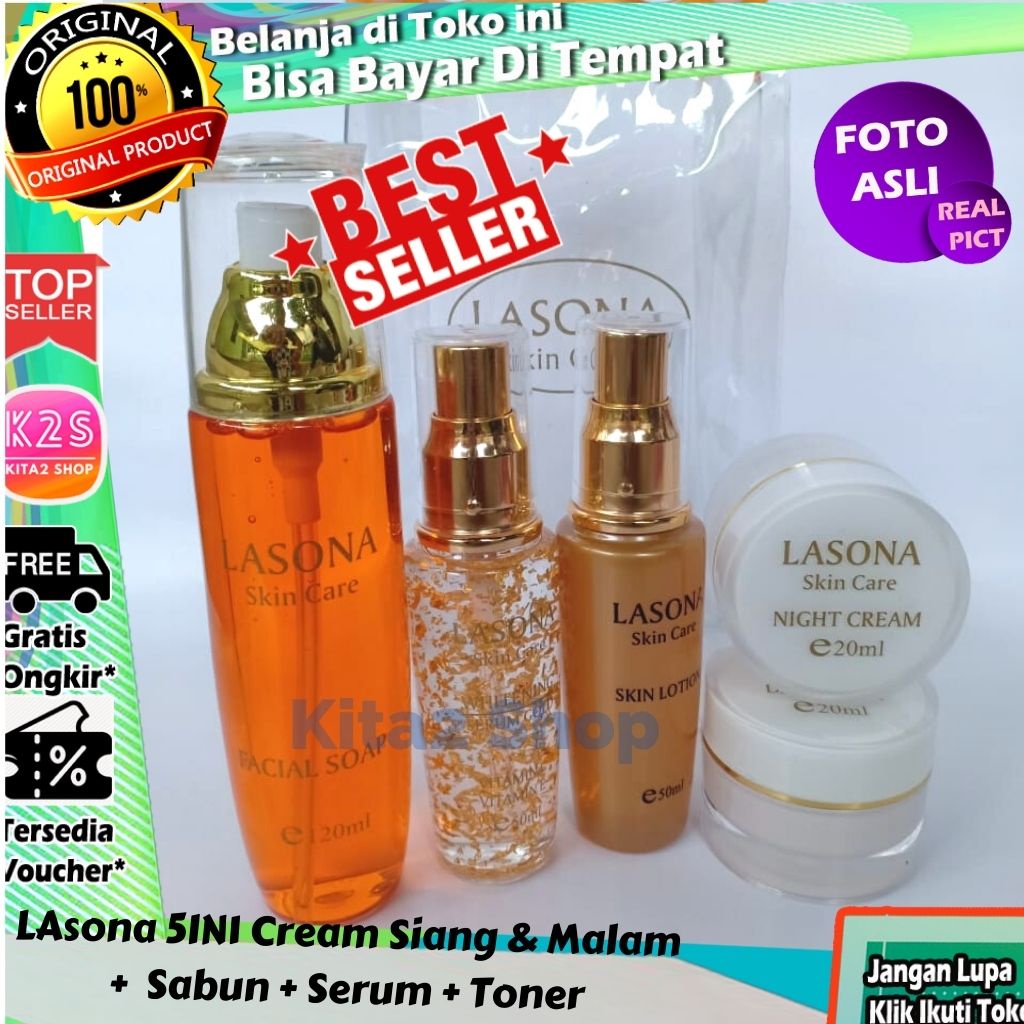 ( GRATIS MASKER WAJAH ) Lasona Paket 5IN1 Cream Siang & Malam + Sabun + Toner + Serum COD Kita2 Shop