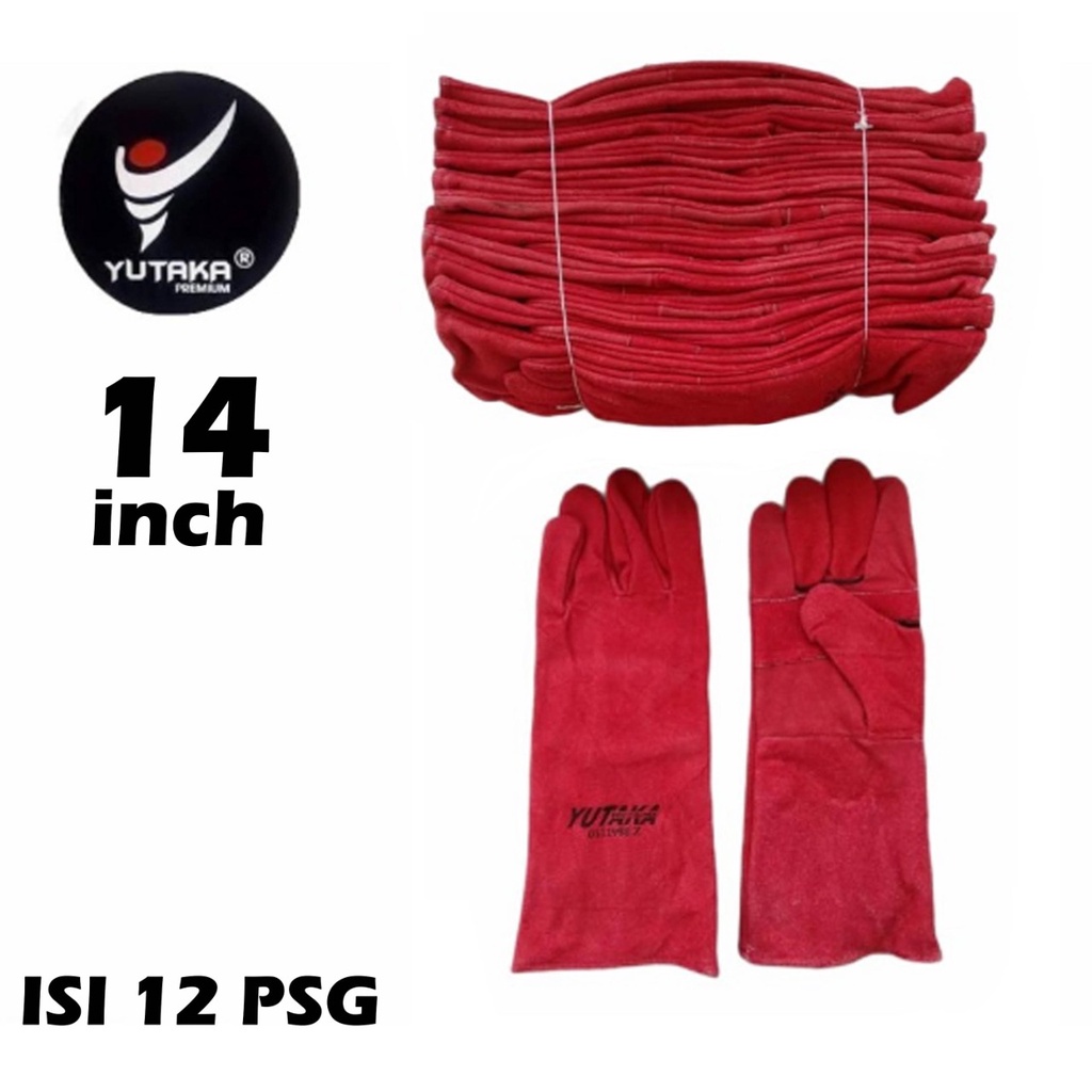 SARUNG TANGAN LAS YUTAKA 14 INCH MERAH isi 1 lusin/sarung tangan Las kulit 14inch murah/sarung tangan Las kulit 14inch terlaris