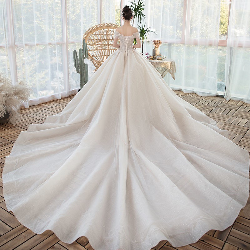 Putih Sabrina Gaun Pengantin Wanita White Long Tail Bridal Wedding Dress Bright Sequin Lace Beaded Wedding Gown Gaun Pengantin Wanita Ekor Panjang