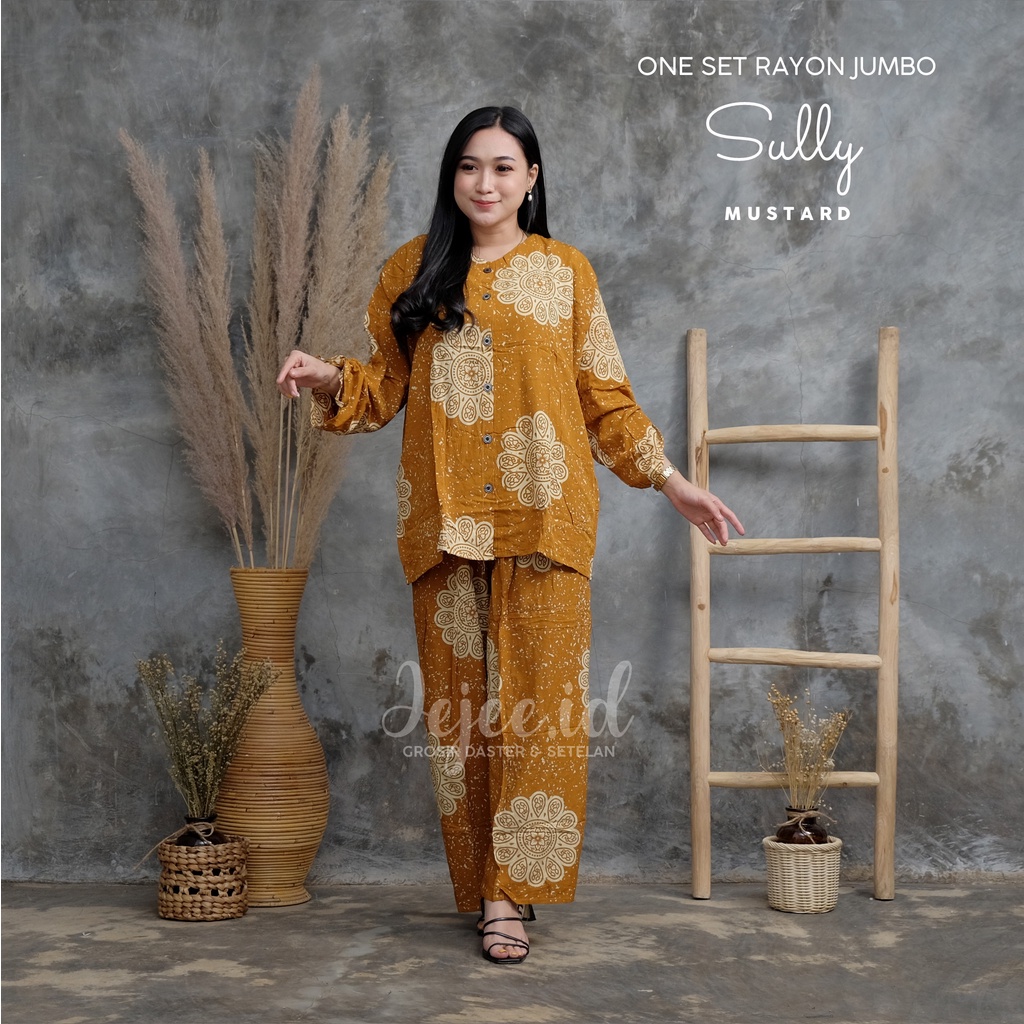 SETELAN RAYON JUMBO LD 120 CM BIG SIZE SUNDARI SET PIYAMA TIE DYE LENGAN PANJANG KANCING-SULLY-MUSTARD